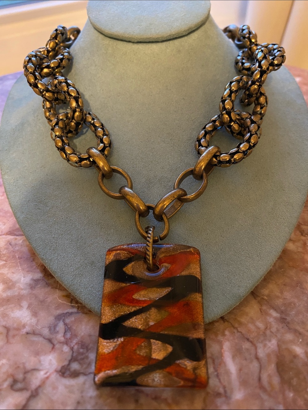 Erica Lyons Bronze Tone Statement Pendant Necklace Abstract At Glass Pendant